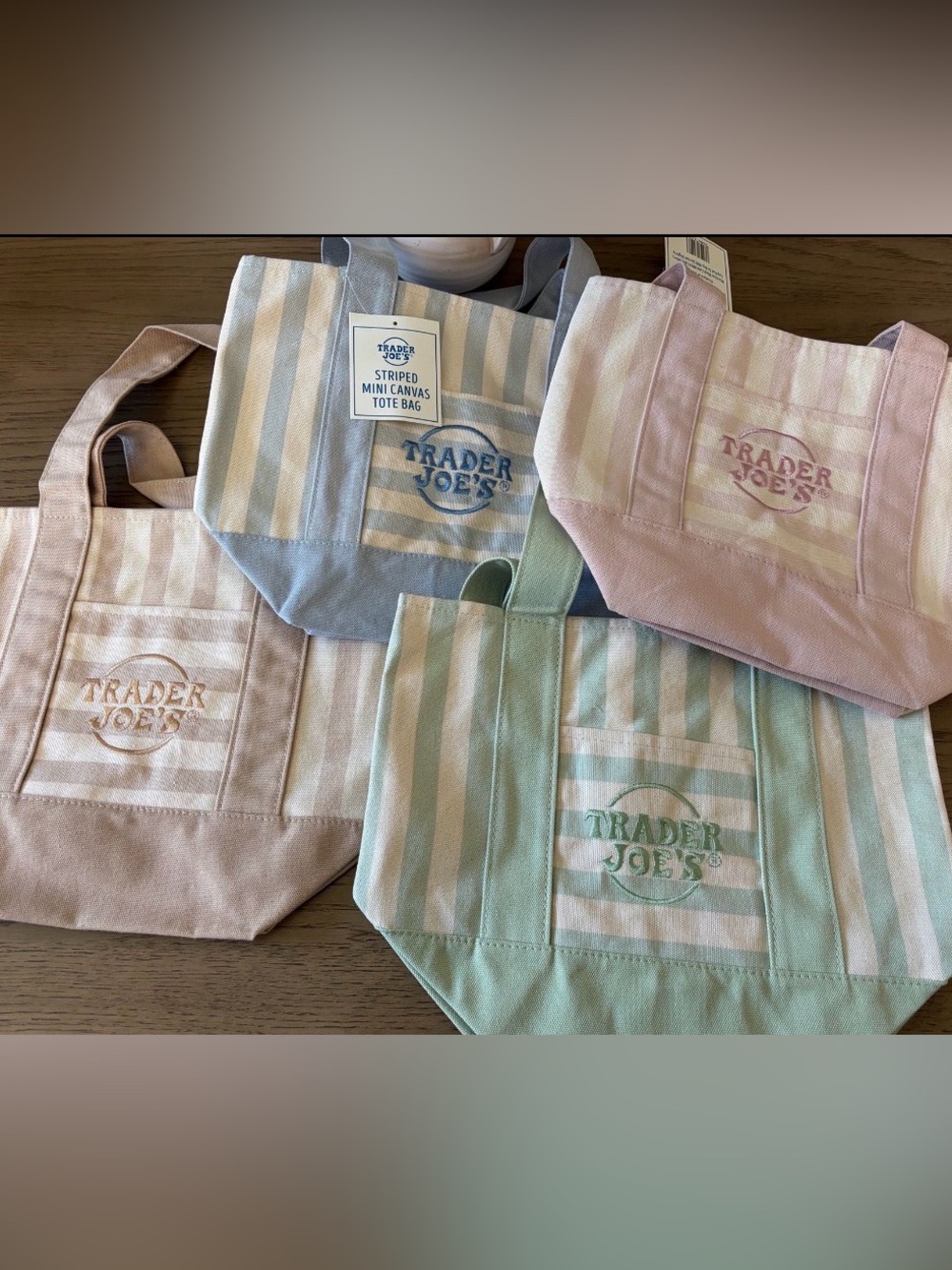 Set of 4 Trader Joe's Striped Mini Canvas Tote Bag- Blue, Pink, Green and Tan